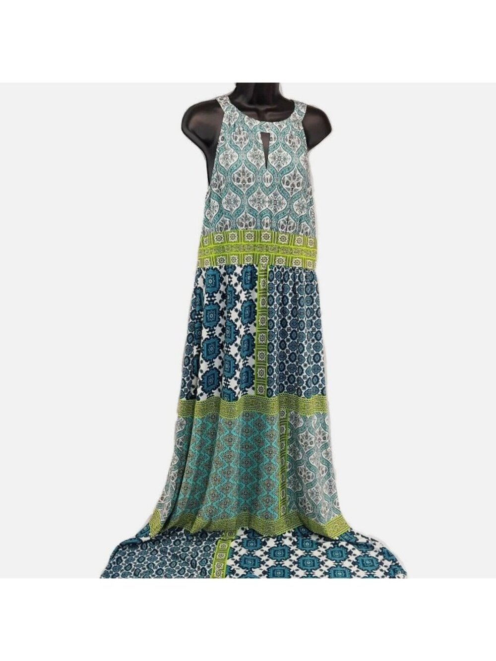 NWT London Times Maxi Dress Womens Size 14 Aqua Lime Print Travel Sleeveless